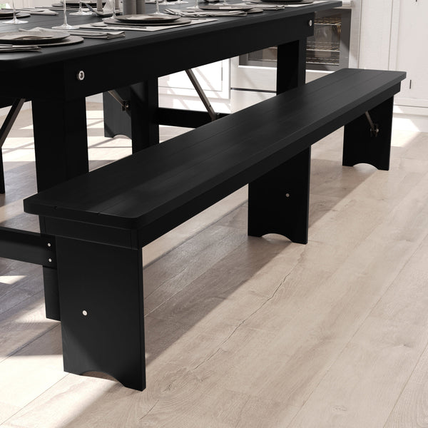 Black Wash |#| 8' x 12" Antique Solid Pine Farmhouse Folding Bench in Black Wash