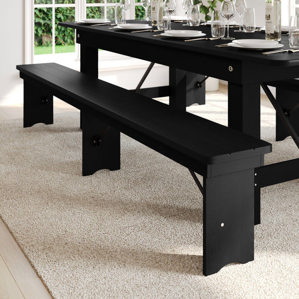 Black Wash |#| 8' x 12" Antique Solid Pine Farmhouse Folding Bench in Black Wash