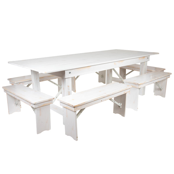 Antique Rustic White |#| 7 Piece Set-8' x 40inch Antique Rustic White Folding Farm Table and Six Bench Set