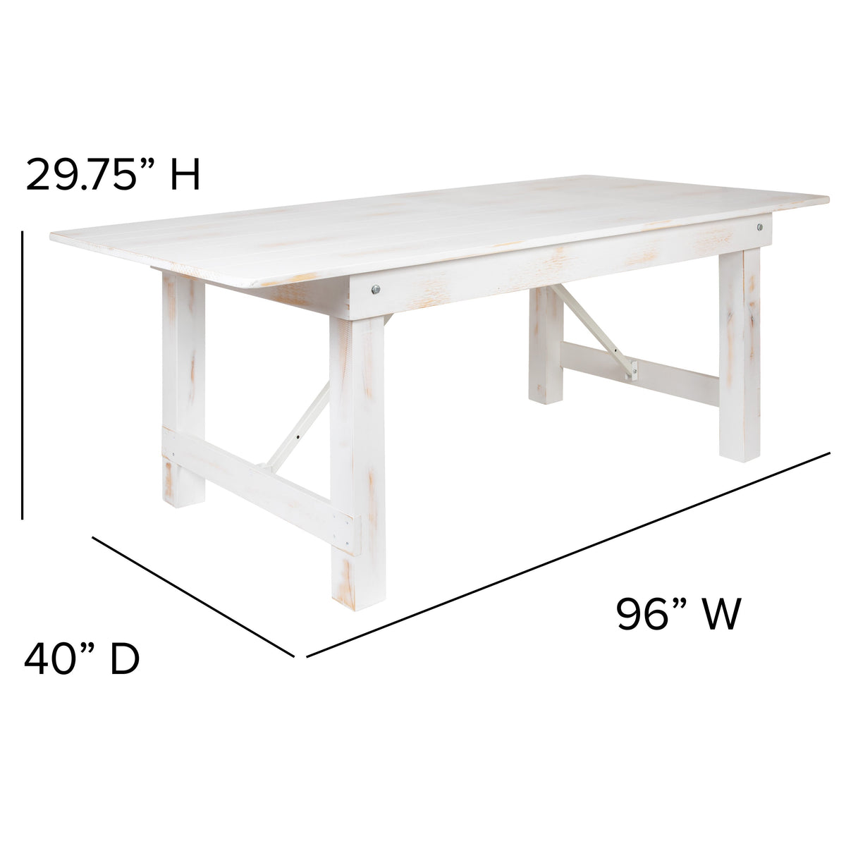 Antique Rustic White |#| 7 Piece Set-8' x 40inch Antique Rustic White Folding Farm Table and Six Bench Set