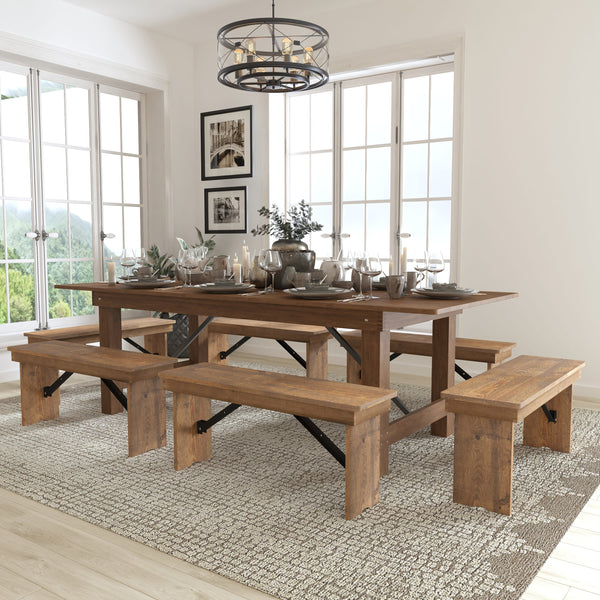 Antique Rustic |#| 8' x 40inch Antique Rustic Folding Farm Table and Six Bench Set