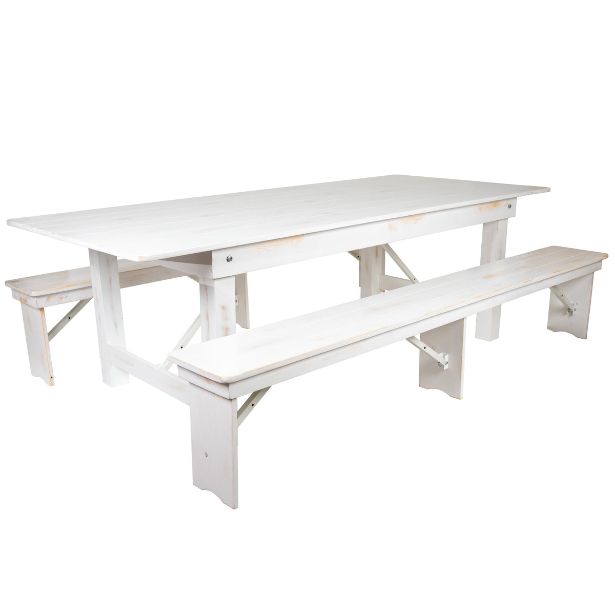 Antique Rustic White |#| 3 Piece Set-8' x 40inch Antique Rustic White Folding Farm Table and Two Bench Set