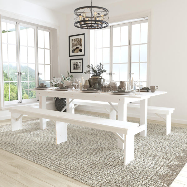 Antique Rustic White |#| 3 Piece Set-8' x 40inch Antique Rustic White Folding Farm Table and Two Bench Set