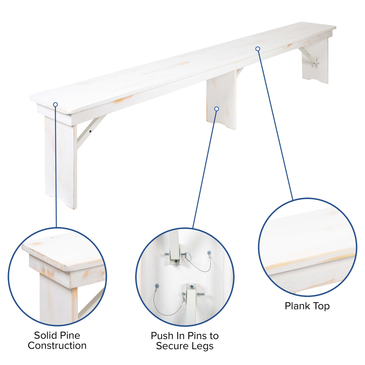 Antique Rustic White |#| 3 Piece Set-8' x 40inch Antique Rustic White Folding Farm Table and Two Bench Set