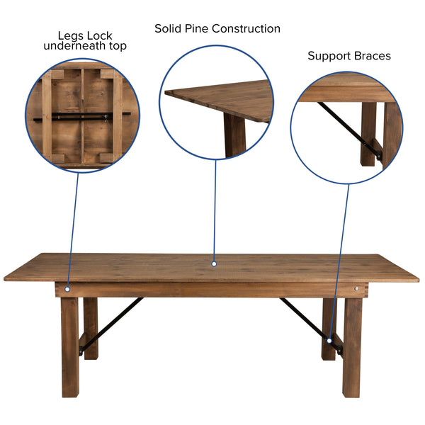 8' x 40inch Rustic Folding Farm Table Set with 10 Cross Back Chairs and Cushions