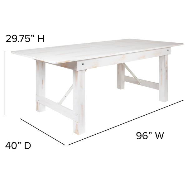 Antique Rustic White |#| 5 Piece Set-8' x 40inch Antique Rustic White Folding Farm Table and Four Bench Set