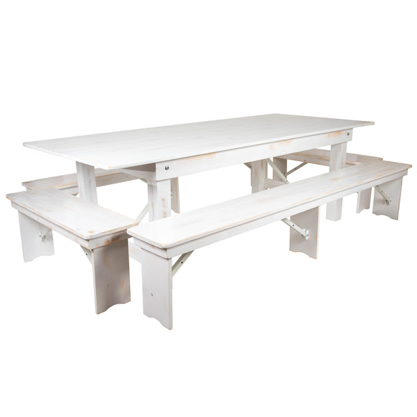 Antique Rustic White |#| 5 Piece Set-8' x 40inch Antique Rustic White Folding Farm Table and Four Bench Set