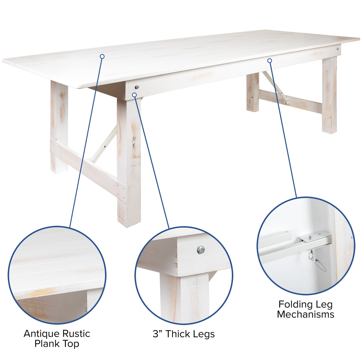 Antique Rustic White |#| 5 Piece Set-8' x 40inch Antique Rustic White Folding Farm Table and Four Bench Set