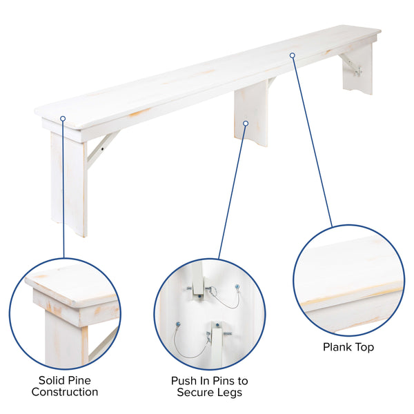 Antique Rustic White |#| 5 Piece Set-8' x 40inch Antique Rustic White Folding Farm Table and Four Bench Set