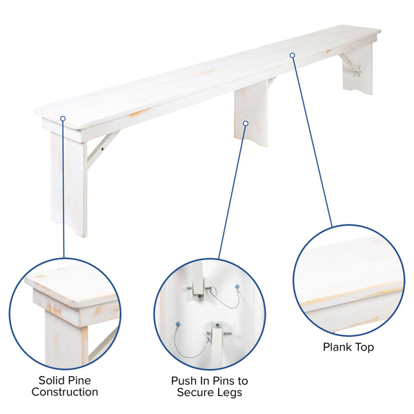 Antique Rustic White |#| 5 Piece Set-9' x 40inch Antique Rustic White Folding Farm Table and Four Bench Set