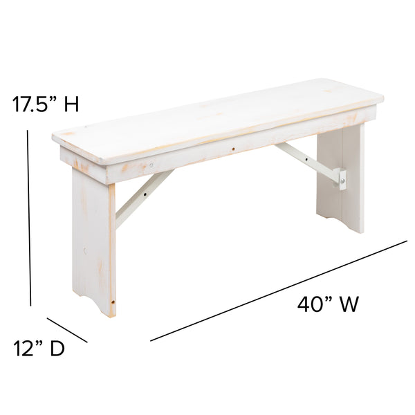 Antique Rustic White |#| 5 Piece Set-9' x 40inch Antique Rustic White Folding Farm Table and Four Bench Set