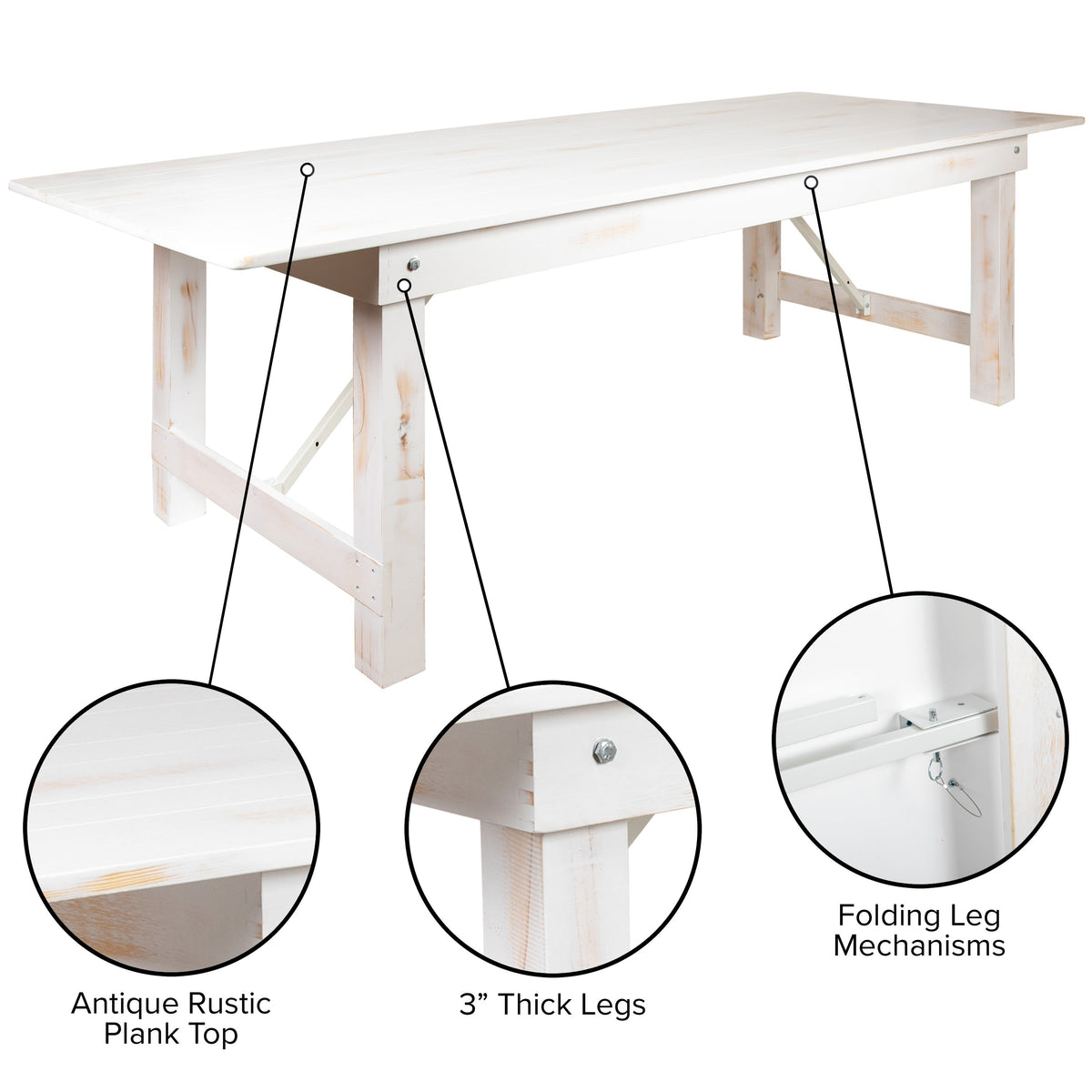 Antique Rustic White |#| 9' x 40" Rectangular Antique Rustic White Solid Pine Folding Farm Table