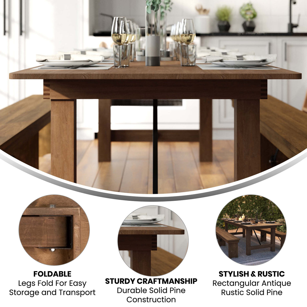 Antique Rustic |#| 9' x 40" Rectangular Antique Rustic Solid Pine Folding Farm Table