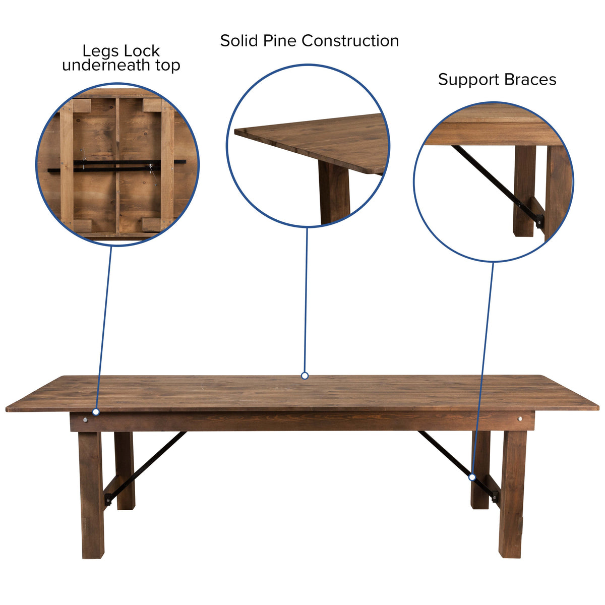 9' x 40inch Rustic Folding Farm Table Set with 10 Cross Back Chairs and Cushions