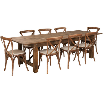 HERCULES Series 9' x 40'' Folding Farm Table Set with 8 Cross Back Chairs and Cushions
