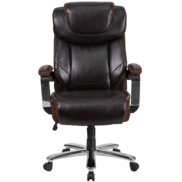 Brown |#| Big & Tall 500 lb. Rated Brown LeatherSoft Ergonomic Chair w/Adjustable Headrest