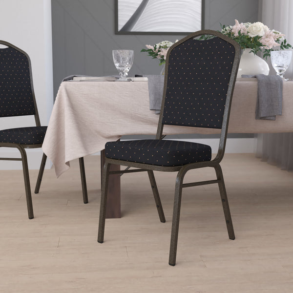 Black Patterned Fabric/Gold Vein Frame |#| Crown Back Stacking Banquet Chair in Black Patterned Fabric - Gold Vein Frame