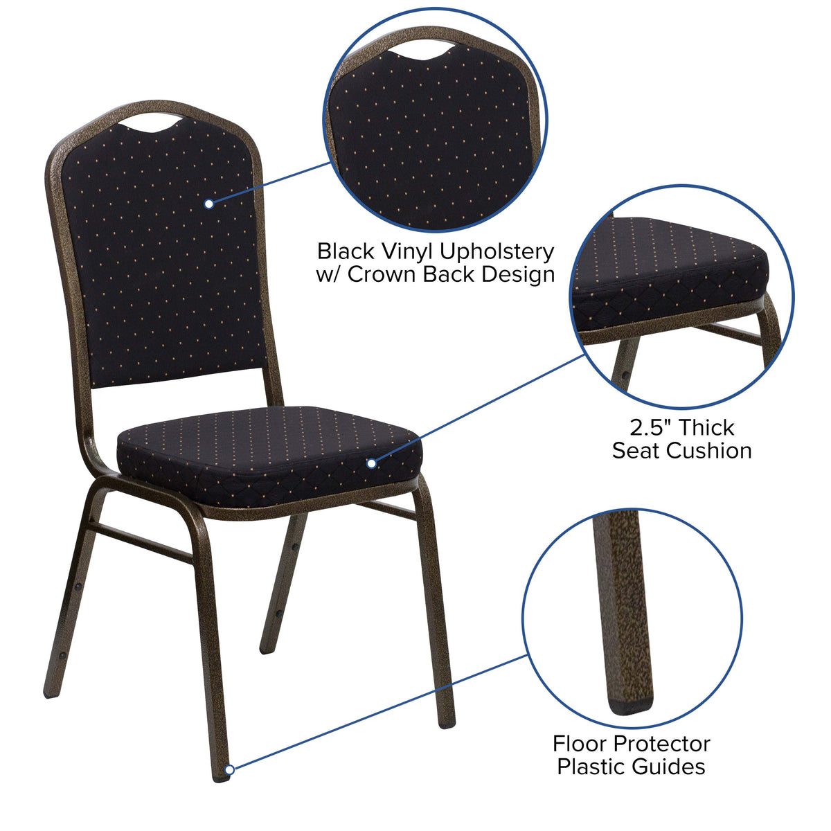 Black Patterned Fabric/Gold Vein Frame |#| Crown Back Stacking Banquet Chair in Black Patterned Fabric - Gold Vein Frame