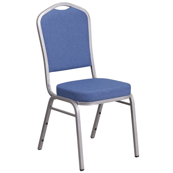 Blue Fabric/Silver Frame |#| Crown Back Stacking Banquet Chair in Blue Fabric - Silver Frame