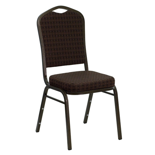 Brown Patterned Fabric/Gold Vein Frame |#| Crown Back Stacking Banquet Chair in Brown Patterned Fabric - Gold Vein Frame