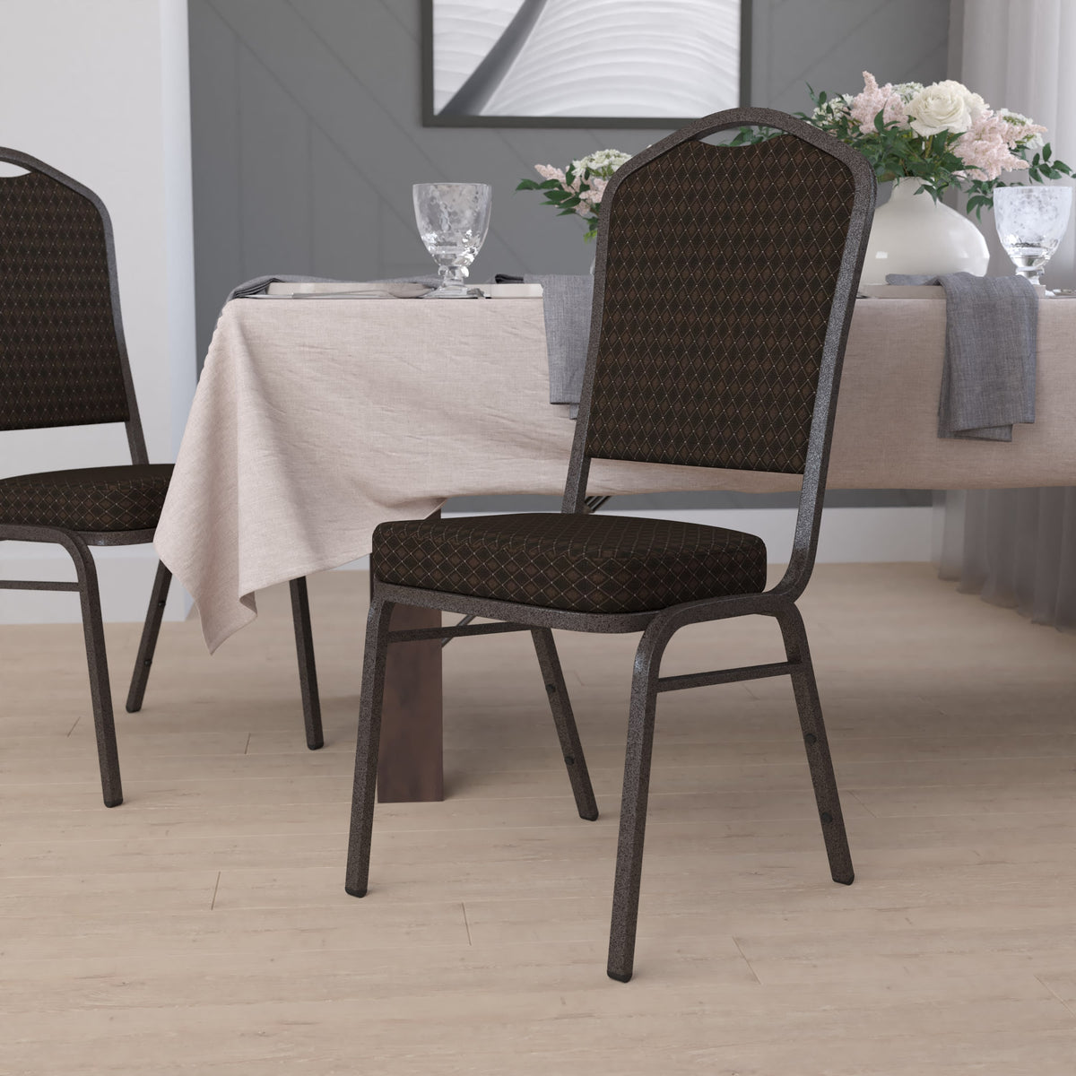 Brown Patterned Fabric/Gold Vein Frame |#| Crown Back Stacking Banquet Chair in Brown Patterned Fabric - Gold Vein Frame