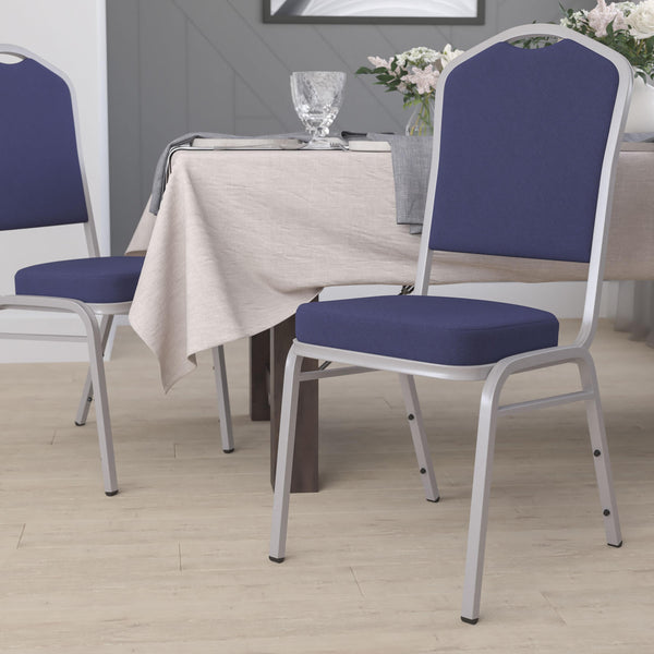 Navy Fabric/Silver Frame |#| Crown Back Stacking Banquet Chair in Navy Fabric - Silver Frame