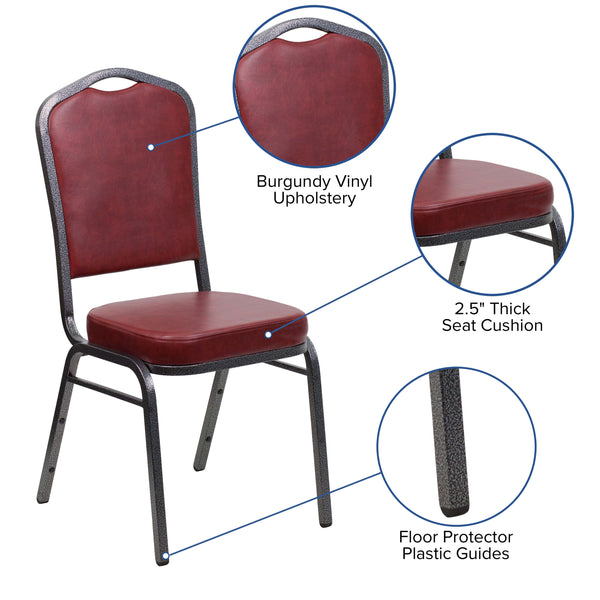 Burgundy Vinyl/Silver Vein Frame |#| Crown Back Stacking Banquet Chair in Burgundy Vinyl - Silver Vein Frame