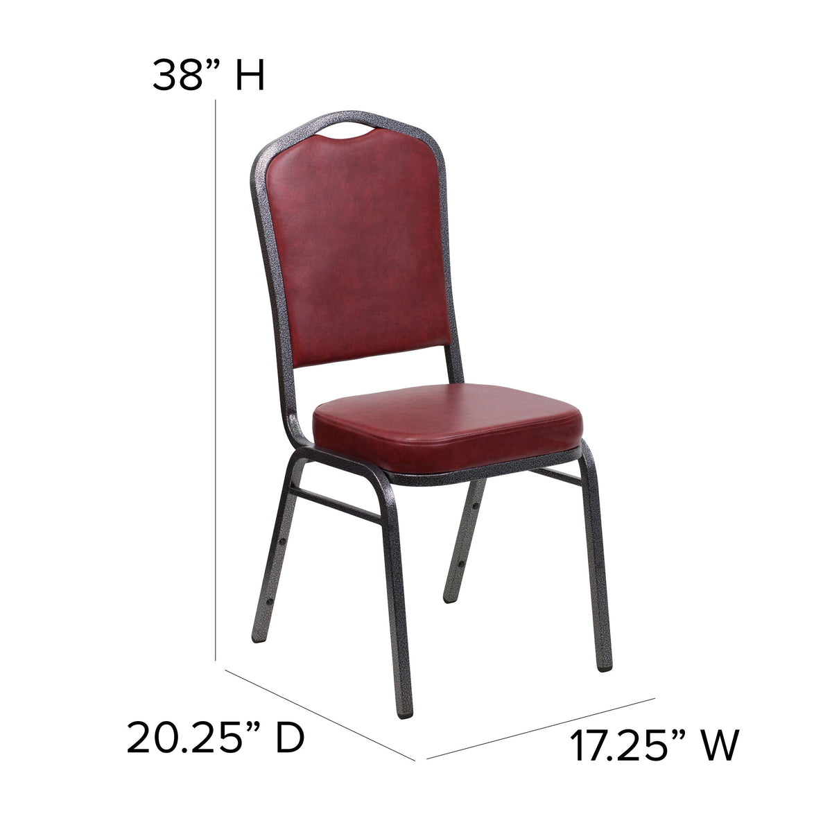 Burgundy Vinyl/Silver Vein Frame |#| Crown Back Stacking Banquet Chair in Burgundy Vinyl - Silver Vein Frame