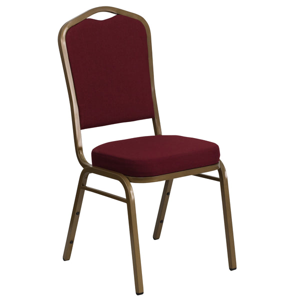 Burgundy Fabric/Gold Frame |#| Crown Back Stacking Banquet Chair in Burgundy Fabric - Gold Frame