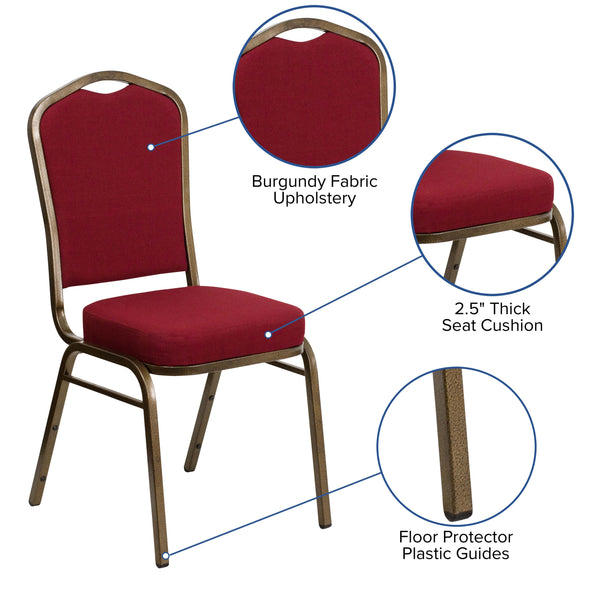 Burgundy Fabric/Gold Vein Frame |#| Crown Back Stacking Banquet Chair in Burgundy Fabric - Gold Vein Frame