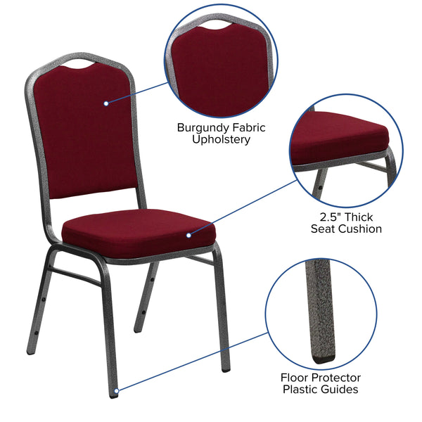 Burgundy Fabric/Silver Vein Frame |#| Crown Back Stacking Banquet Chair in Burgundy Fabric - Silver Vein Frame