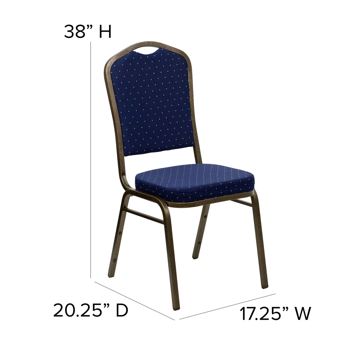 Navy Blue Dot Patterned Fabric/Gold Vein Frame |#| Crown Back Banquet Stack Chair in Navy Blue Dot Patterned Fabric-Gold Vein Frame