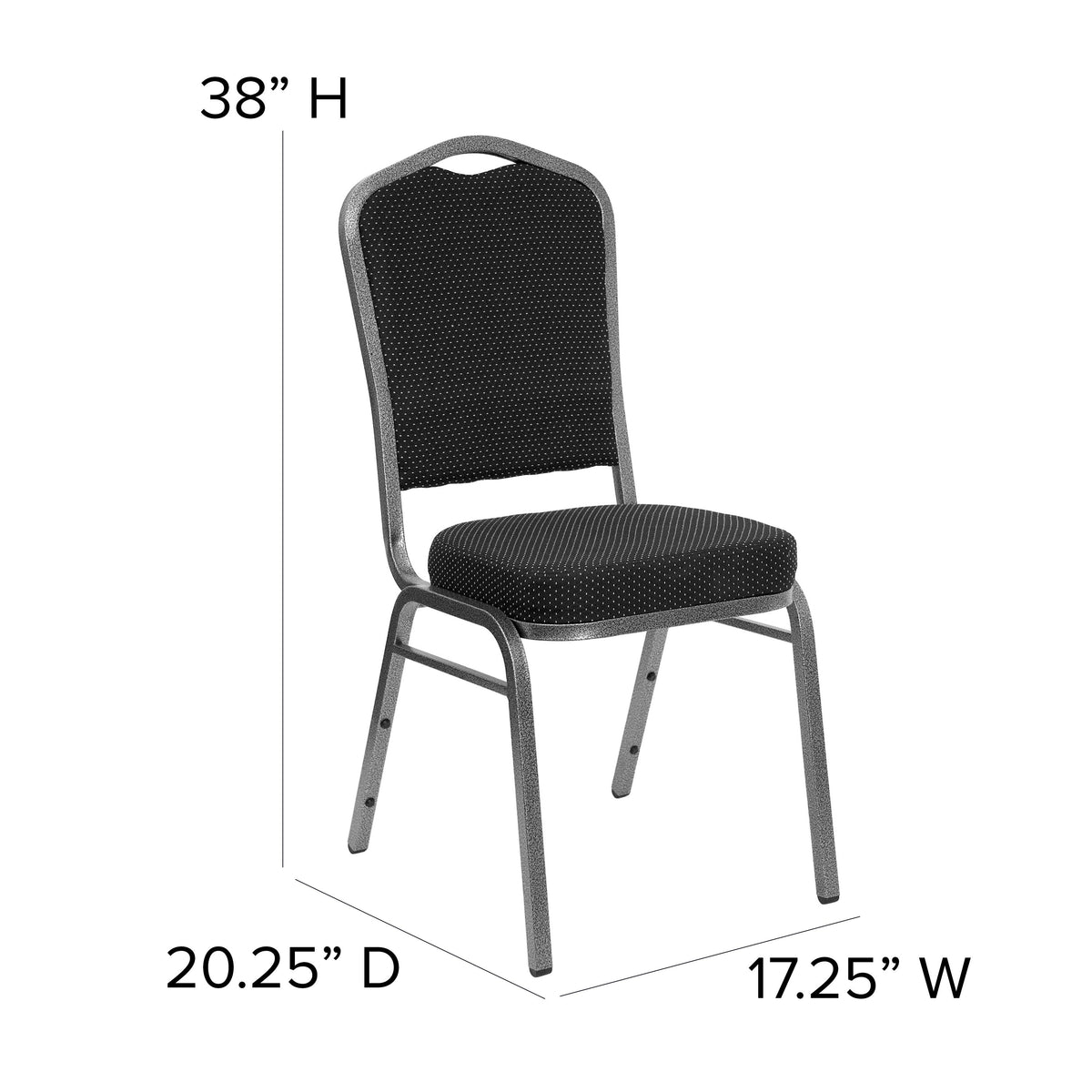 Black Dot Patterned Fabric/Silver Vein Frame |#| Crown Back Banquet Stack Chair in Black Dot Patterned Fabric - Silver Vein Frame