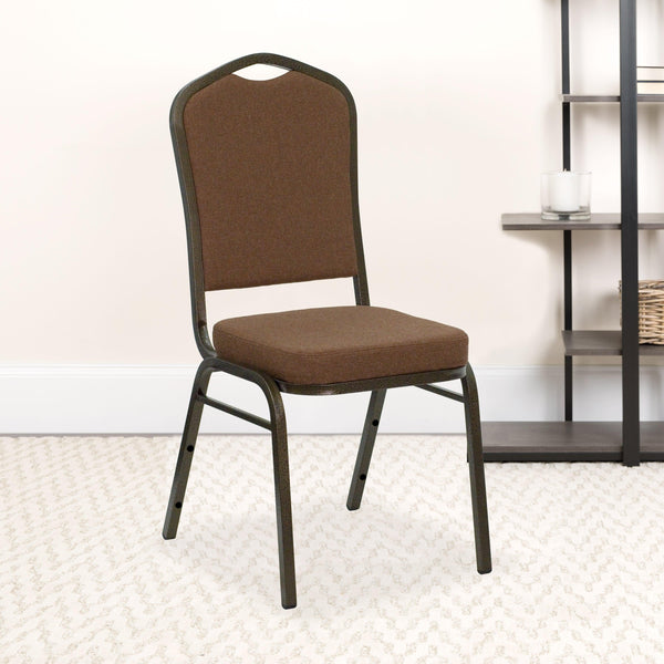 Coffee Fabric/Gold Vein Frame |#| Crown Back Stacking Banquet Chair in Coffee Fabric - Gold Vein Frame