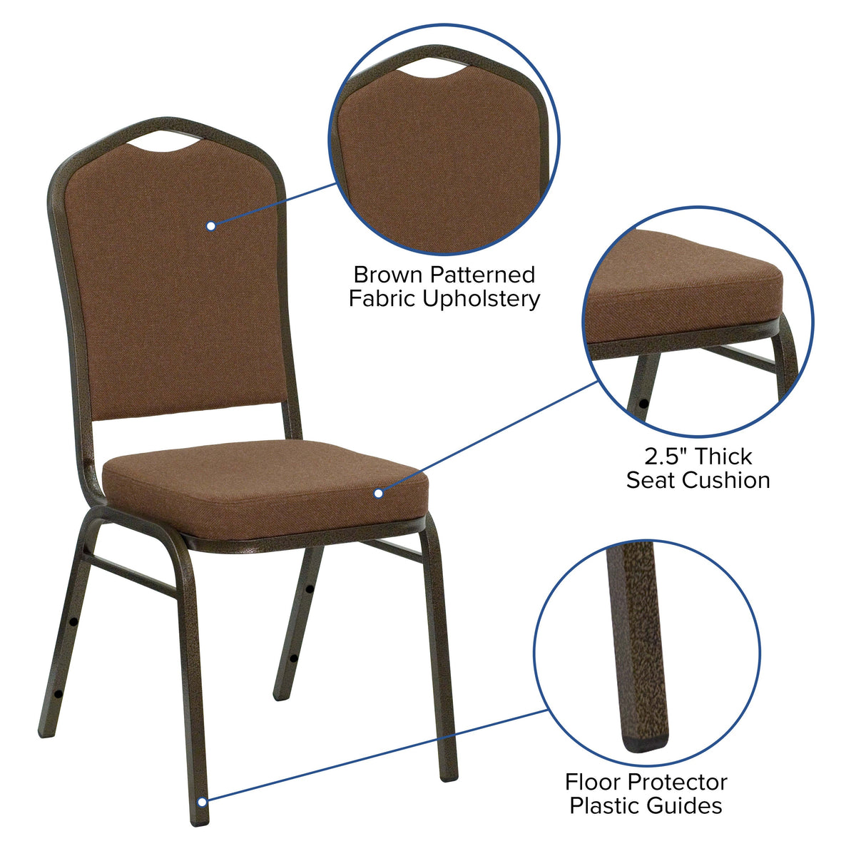 Coffee Fabric/Gold Vein Frame |#| Crown Back Stacking Banquet Chair in Coffee Fabric - Gold Vein Frame