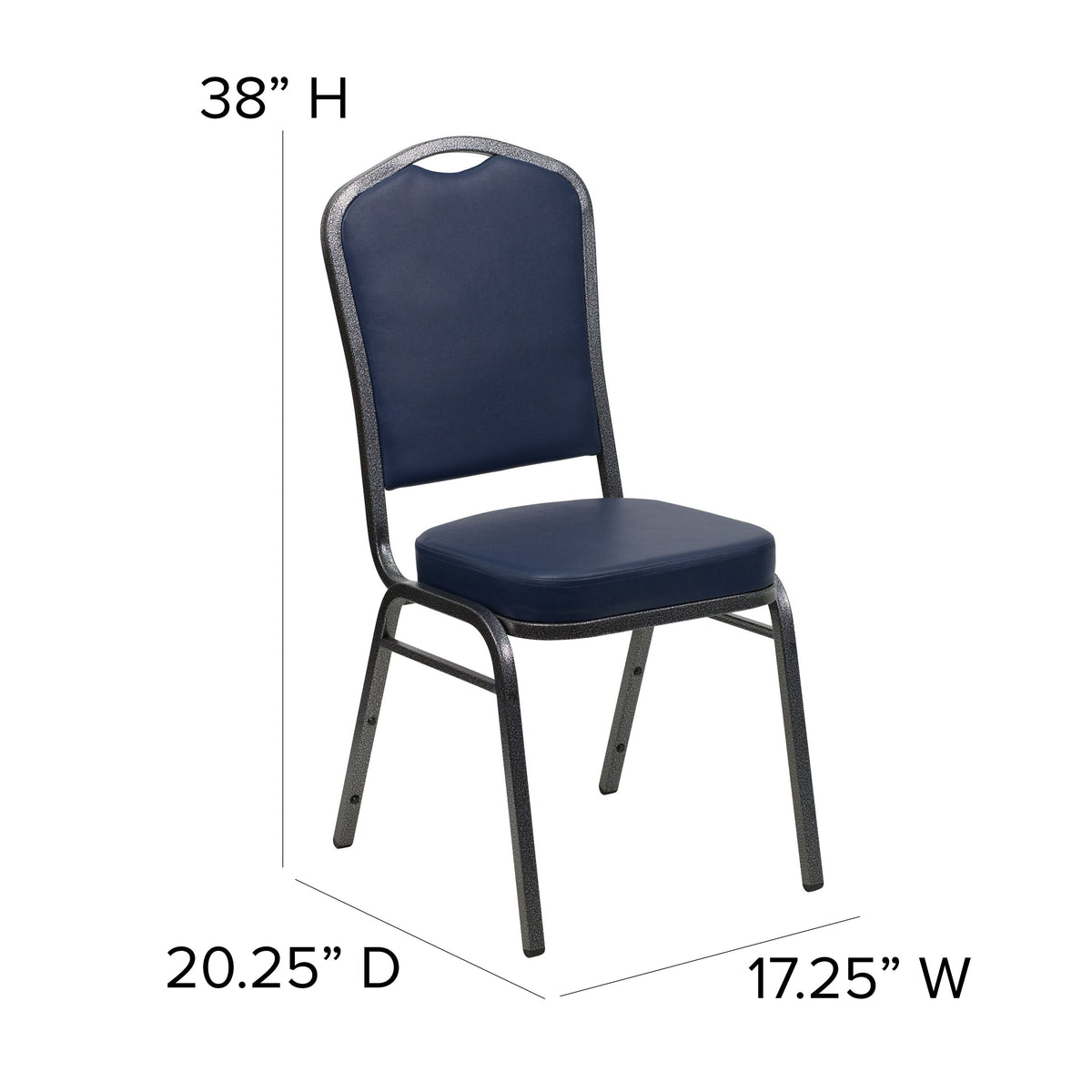 Navy Vinyl/Silver Vein Frame |#| Crown Back Stacking Banquet Chair in Navy Vinyl - Silver Vein Frame