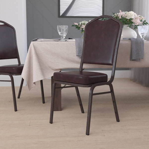 Brown Vinyl/Copper Vein Frame |#| Crown Back Stacking Banquet Chair in Brown Vinyl - Copper Vein Frame