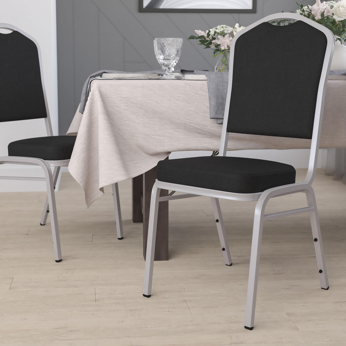 Black Fabric/Silver Frame |#| Crown Back Stacking Banquet Chair in Black Fabric - Silver Frame