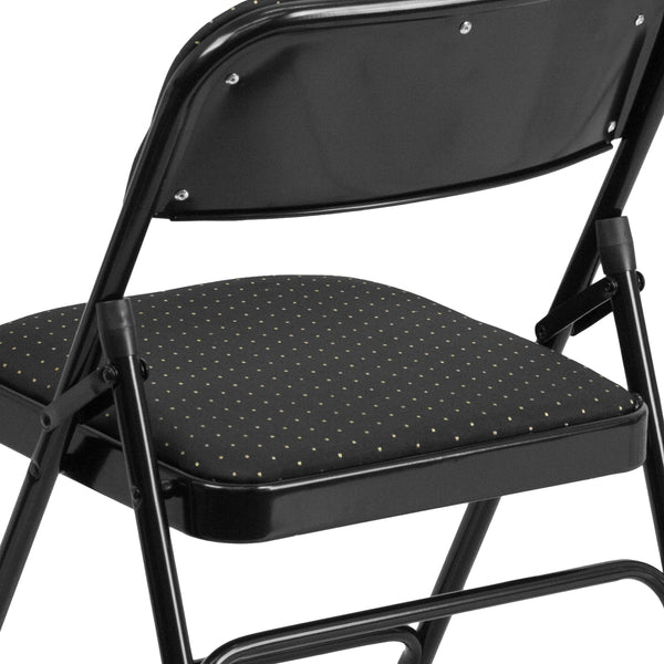 Black Patterned |#| Curved Triple Braced & Double Hinged Black Patterned Fabric Metal Folding Chair