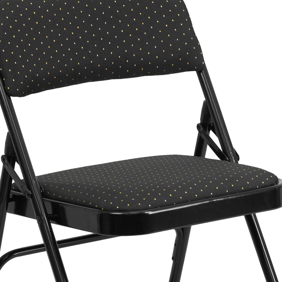 Black Patterned |#| Curved Triple Braced & Double Hinged Black Patterned Fabric Metal Folding Chair