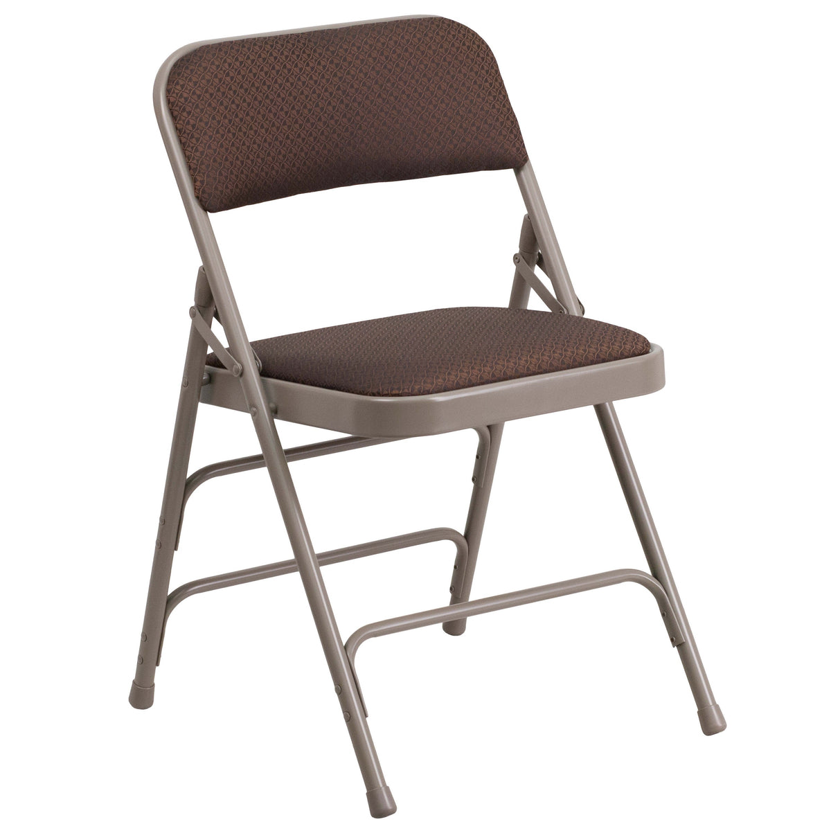 Brown Patterned |#| Curved Triple Braced & Double Hinged Brown Patterned Fabric Metal Folding Chair