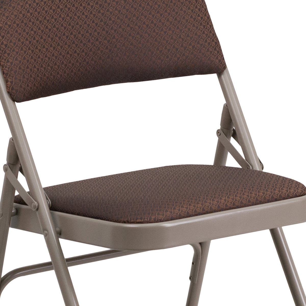 Brown Patterned |#| Curved Triple Braced & Double Hinged Brown Patterned Fabric Metal Folding Chair