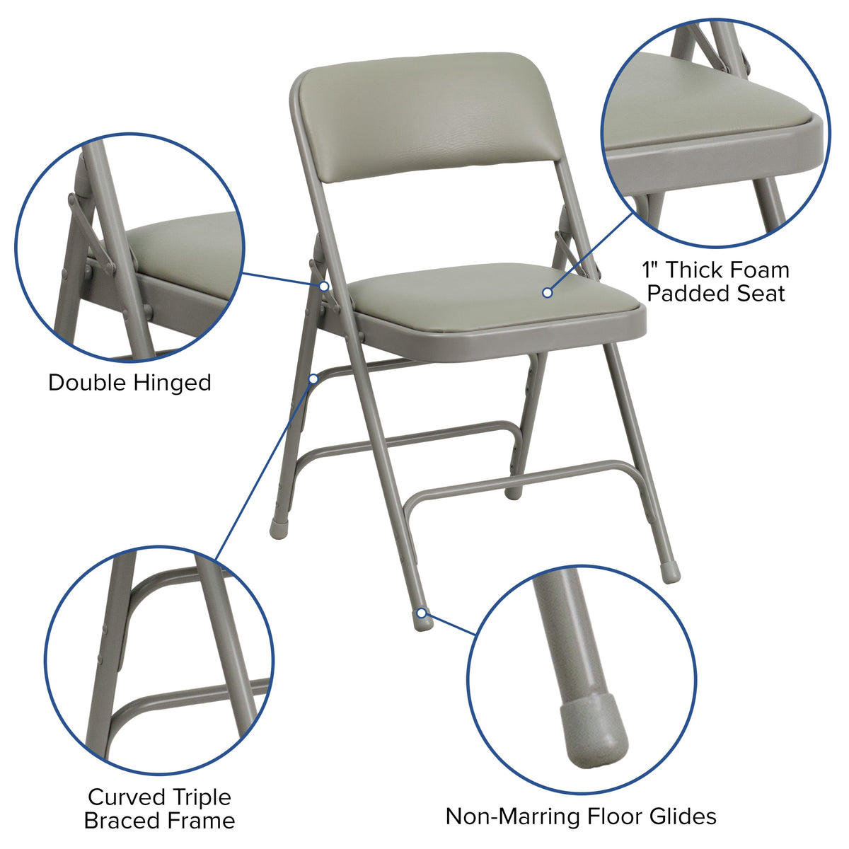 Gray Vinyl/Gray Frame |#| Curved Triple Braced & Double Hinged Gray Vinyl Metal Folding Chair