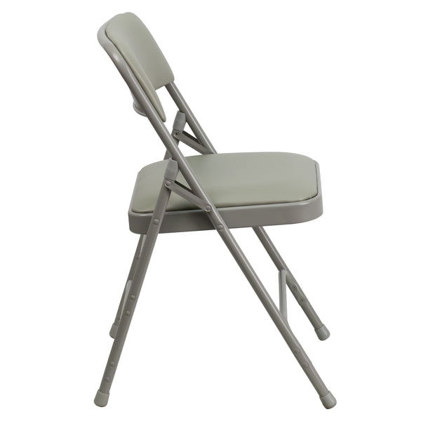 Gray Vinyl/Gray Frame |#| Curved Triple Braced & Double Hinged Gray Vinyl Metal Folding Chair