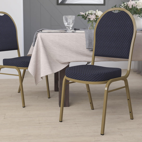 Navy Patterned Fabric/Gold Frame |#| Dome Back Stacking Banquet Chair in Navy Patterned Fabric - Gold Frame