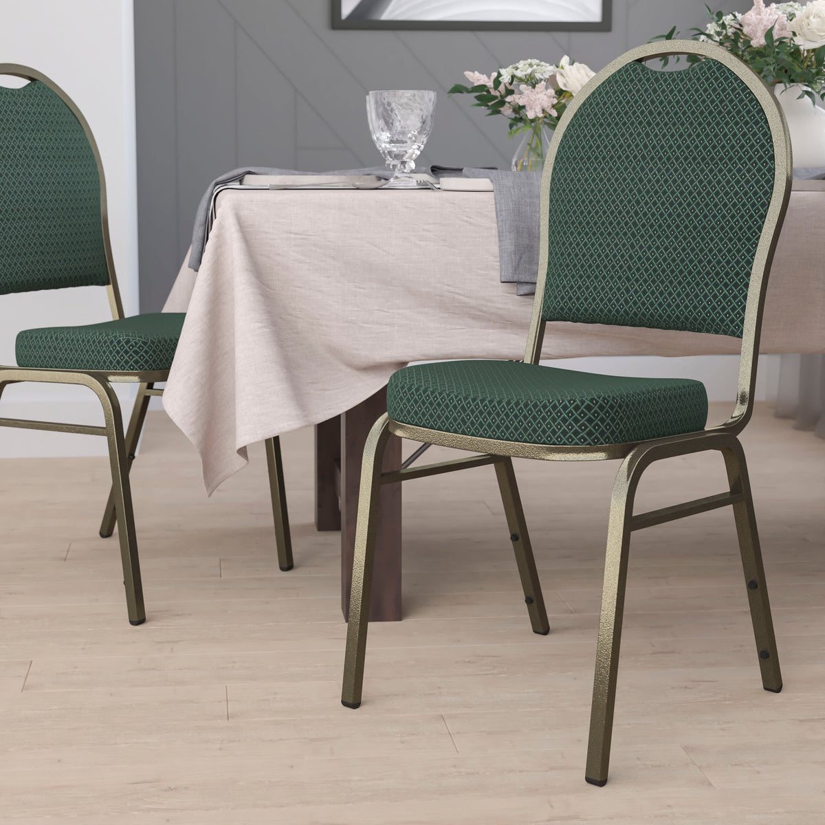 Green Patterned Fabric/Gold Vein Frame |#| Dome Back Stacking Banquet Chair in Green Patterned Fabric - Gold Vein Frame