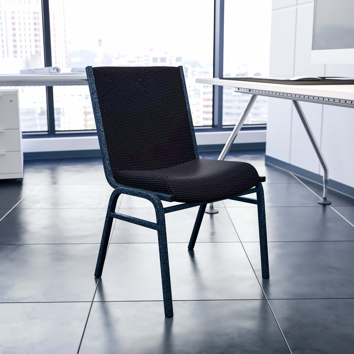 Black Patterned Fabric |#| Heavy Duty Black Dot Fabric Stack Chair - Reception Furniture