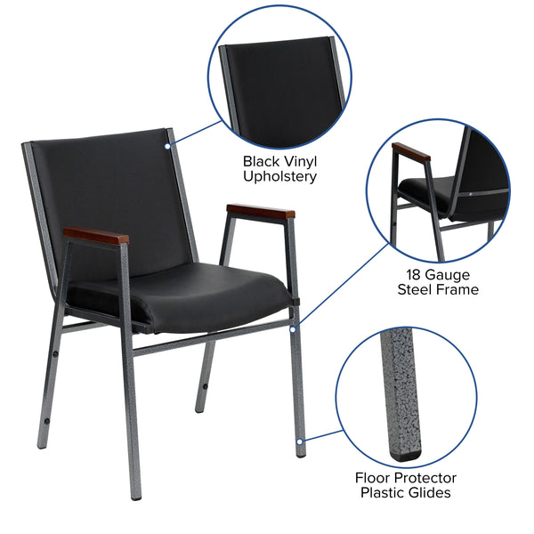 Black Vinyl |#| Heavy Duty Black Vinyl Stack Chair with Arms - Reception Furniture