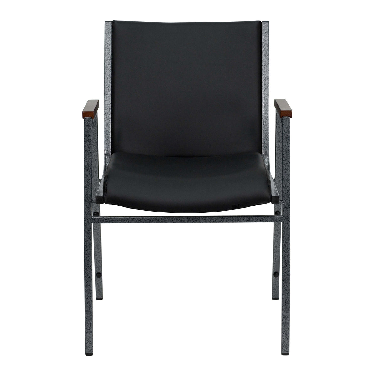 Black Vinyl |#| Heavy Duty Black Vinyl Stack Chair with Arms - Reception Furniture