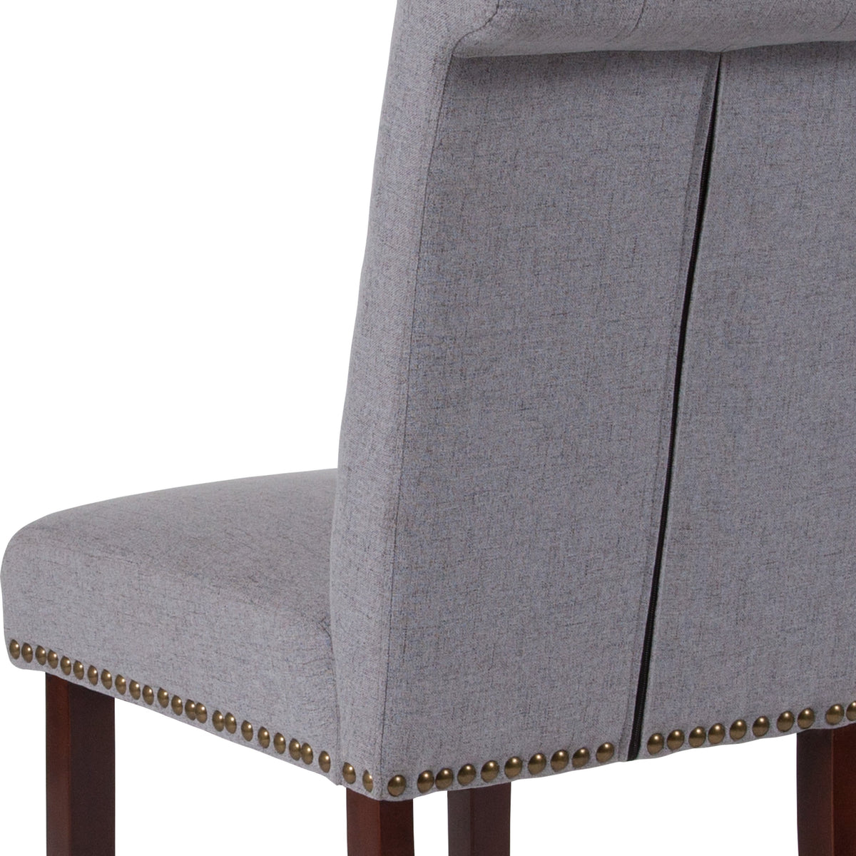 Light Gray Fabric |#| Lt Gray Fabric Parsons Chair with Rolled Back, Accent Nail Trim & Walnut Finish